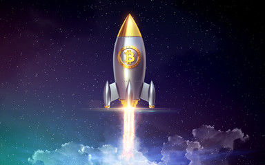 Fototapeta premium Bitcoin rocket launcher, cryptocurrency concept. The growth rate of the gold coin for designers and breaking news. Gold piece appreciation in the form. 3d render