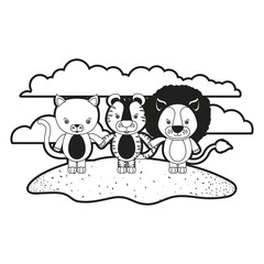 sketch silhouette monochrome scene cat tiger and lion cute animals holding hands in grass vector illustration