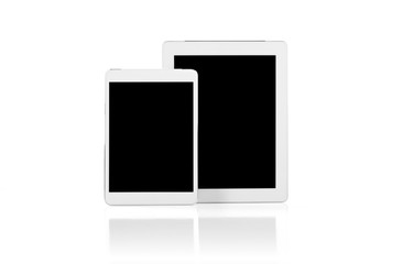 White tablet computer with blank black screen isolated on white background