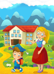 Cartoon nature scene with child on the trip to school and teacher standing behind - illustration for children