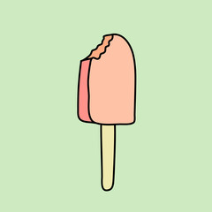 Flat ice cream vector illustration. Fruit ice cream on a stick isolated on green background.