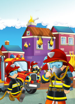 cartoon illustration with fire fighter and truck at work putting out the fire © honeyflavour