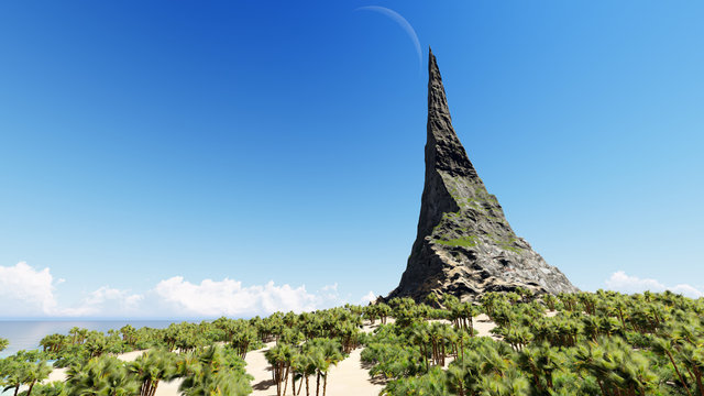 Peak of a rocky mountain on a tropical island sea 3D render