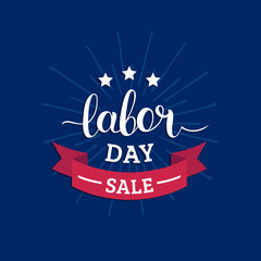 Fototapeta premium Labor Day Sale hand lettering vector background. Holiday discount card with stars and ribbon illustration.
