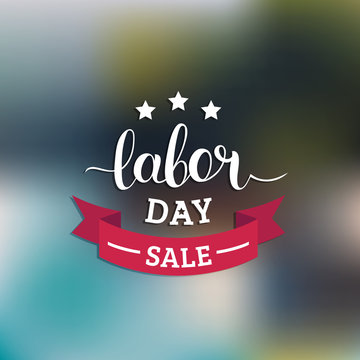 Labor Day Sale hand lettering vector background. Holiday discount card with stars and ribbon illustration.