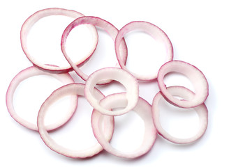 sliced red onion isolated on white background. top view