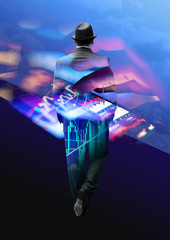 Double Exposure Business Concept. Businessman investing in shares.