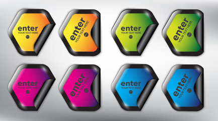 Abstract vector sticker set of 8. Hexagonal vector stickers with curled corner and place for your text. Colorful and glossy on the white panel. Vector illustration. Eps10.