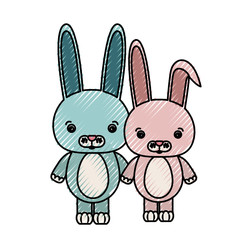 color crayon silhouette caricature couple cute animal rabbits vector illustration