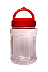 Bottle with clear red cap, white background
