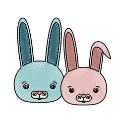 color crayon silhouette caricature face couple cute animal rabbits vector illustration