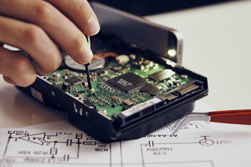 Technology, hard drive, computer, master, hands, electrician