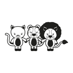 sketch silhouette monochrome caricature cat tiger and lion cute animals holding hand vector illustration