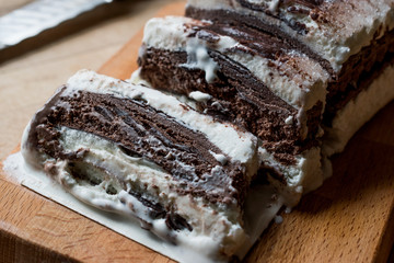Semifreddo Cake - ice cream with chocolate and vanilla. (semi-frozen dessert)