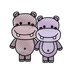 color crayon silhouette caricature couple cute animal hippopotamus vector illustration