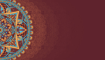 Horizontal brown background with oriental round pattern. Vector illustration.