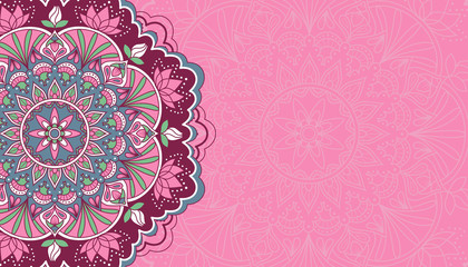 Horizontal pink background with oriental round pattern. Vector illustration.