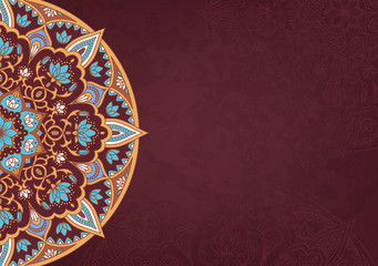 Horizontal brown background with oriental round pattern and texture of old paper. Vector illustration.