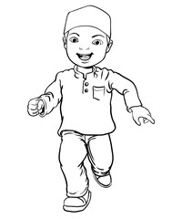 Hand drawing of Muslim Boy make running -Vector Illustration