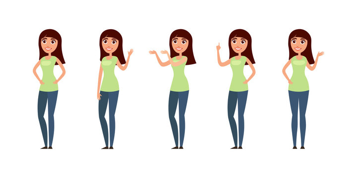 Set of woman, girl in casual clothes in different poses. A character for your design project. Vector illustration in flat and cartoon style