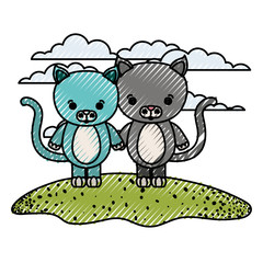 color crayon silhouette scene couple caricature cats animals in grass