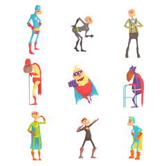 Fototapeta na wymiar Funny elderly superman cartoon characters in action set of vector Illustrations