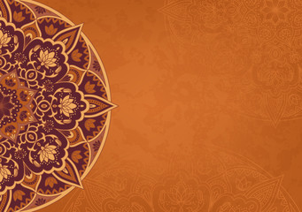 Horizontal brown background with oriental round pattern and texture of old paper. Vector illustration.