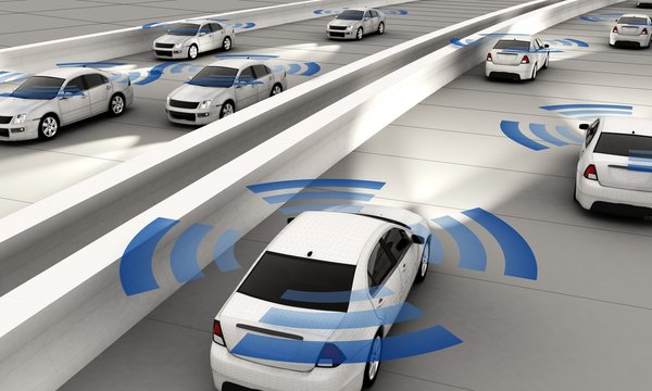Autonomous cars on a road with visible connection 3d Rendering