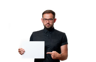 Business man showing empty paper card sign