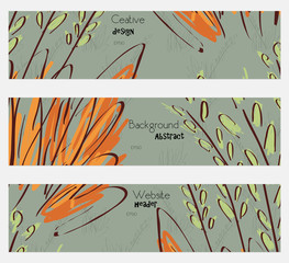 Roughly sketched trees and grass orange green banner set