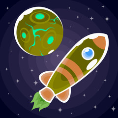 Naklejka premium A green rocket sticker with brown stripes and a blue porthole that flies past the green planet