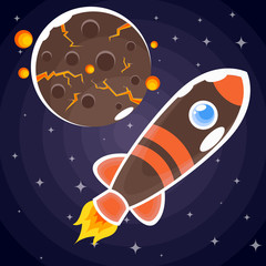 A sticker of a brown rocket with orange stripes and blue portholes that flies past a brown planet with four satellites