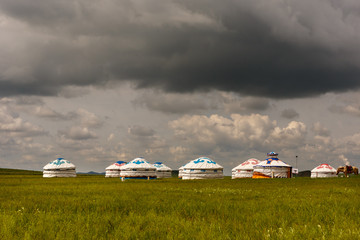 Typical group of Yurt in Mongolian grassland
