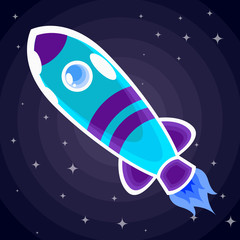 Blue with purple stripes space rocket with a porthole flies in space among the stars