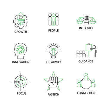 Modern Flat thin line Icon Set in Concept of Business Core Values with word Growth,People,Integrity,Innovation,Creativity,Guidance,Focus,Passion,Connection.Editable Stroke.