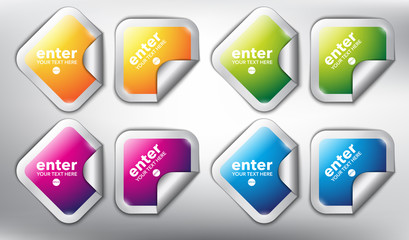 Abstract vector sticker set of 8. Square vector stickers with curled corner and place for your text. Colorful and glossy on the white panel. Vector illustration. Eps10.