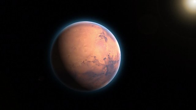 Animated sunrise on Mars planet. 3D Animation. Data: NASA/JPL.