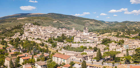 Fototapeta na wymiar Spello, one of the most beautiful small town in Italy. Drone aerial view of the village