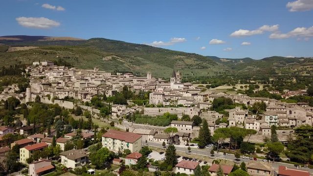 Spello, one of the most beautiful small town in Italy. Drone aerial view of the village
