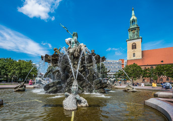Neptunbrunnen or Neptune fountain at Alexanderplatz square, Berlin, Germany