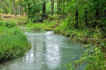 Beautiful blue river. River with beautiful water color in the green forest.