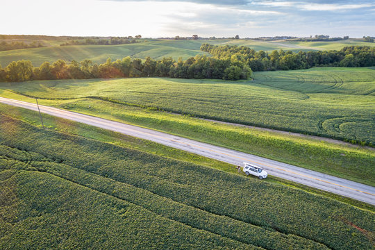 green soybean fields aerial view