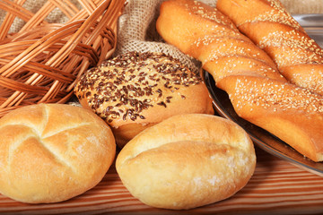 Crunchy bagels and baguette with seeds