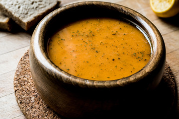 Turkish Lepe Soup in a wooden bowl.