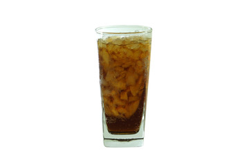 Refreshing black soda soft drinks or cola with ice in a clear tall glass isolated on white background