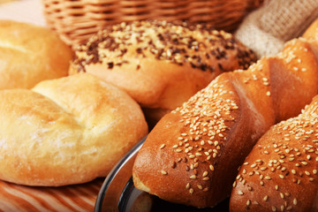 Crunchy bagels and baguette with seeds