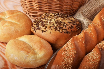 Crunchy bagels and baguette with seeds