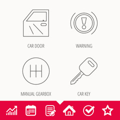 Car key, warning and manual gearbox icons.