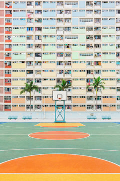 Colorful Pastel Basketball Court with windows Background.