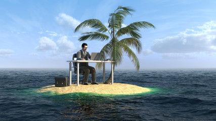 businessman working on the small island